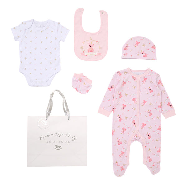 Babies Little Princess Teddy Bear Print 5PC Gift Set NB-6M