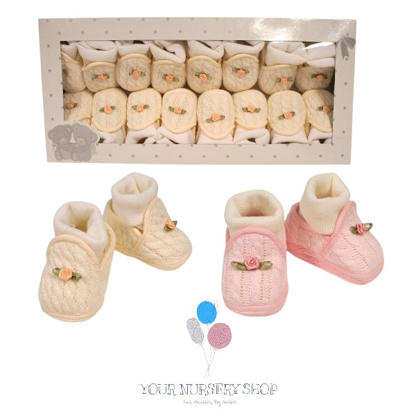Baby Girls Cotton Booties with Integrated Socks and Rosebud