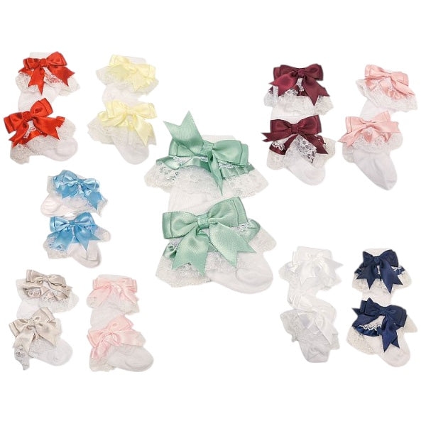 Frilly Satin Bow Socks 0-18M